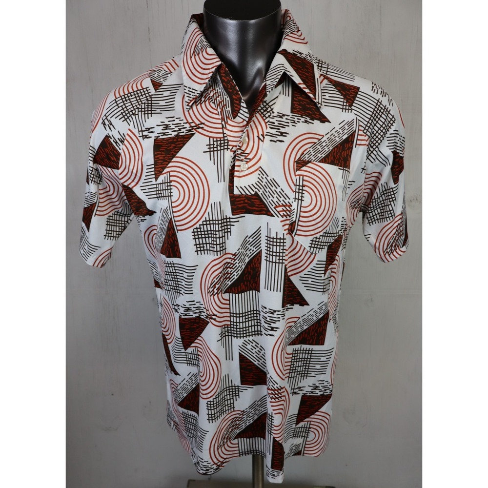Mens True Vintage 60s 70s Disco Shirt Button Up Silver Fox Brown‎ Geometric M